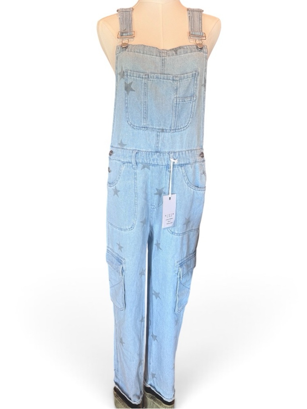 Risen Star Print Denim Cargo Overalls Light Wash Size Small NWT